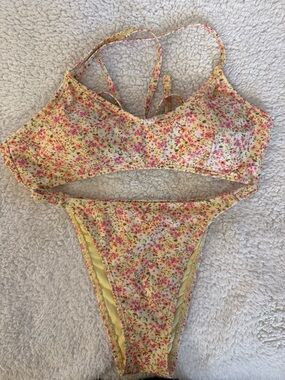 Aeropostale Yellow Floral Bikini Top with Pink & Green Accents
